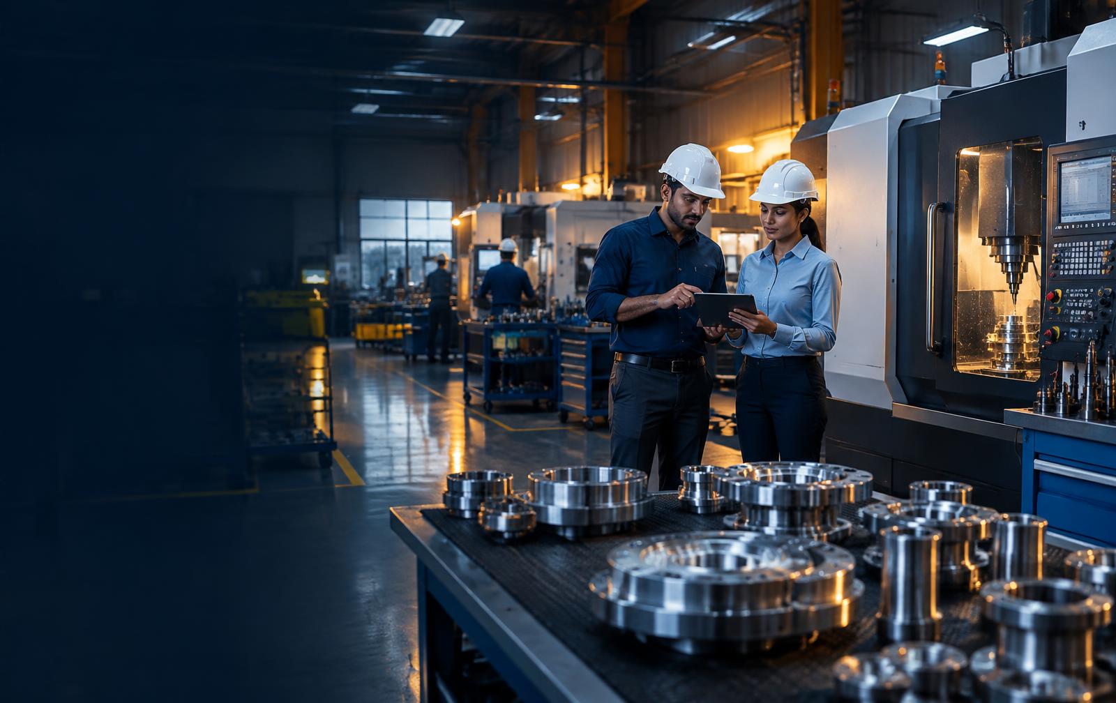 Indian manufacturing professionals reviewing precision components
